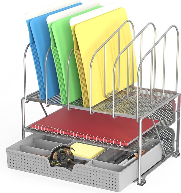 DecoBros Mesh Desk Organizer with Double Tray, 5 Upright Sections and Sliding Drawer, Black - Image 6