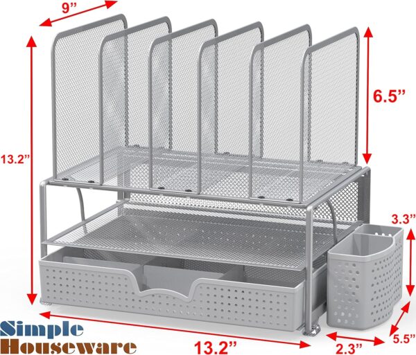 SimpleHouseware Mesh Desk Organizer with Sliding Drawer, Double Tray and 5 Upright Sections, Black - Image 7