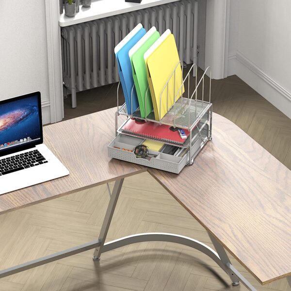 DecoBros Mesh Desk Organizer with Double Tray, 5 Upright Sections and Sliding Drawer, Black - Image 4
