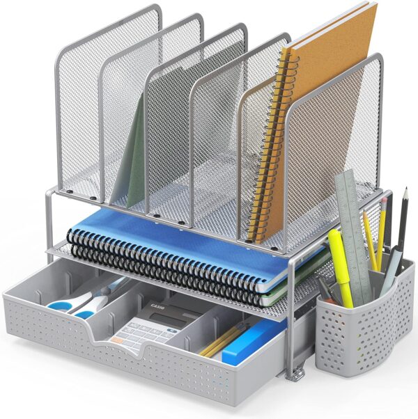 SimpleHouseware Mesh Desk Organizer with Sliding Drawer, Double Tray and 5 Upright Sections, Black - Image 4