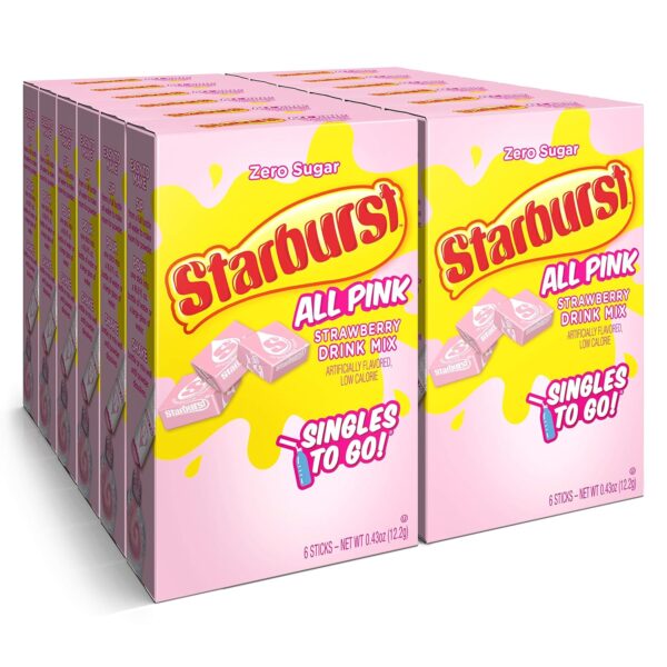 Starburst Singles To Go Powdered Drink Mix， All Pink Strawberry， 12 Boxes with 6 Packets Each - 72 Total Servings， Sugar-Free Drink Powder， Just Add Water， 6 Count (Pack of 12) - Image 4
