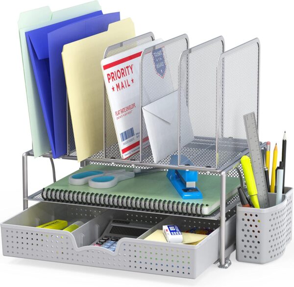 SimpleHouseware Mesh Desk Organizer with Sliding Drawer, Double Tray and 5 Upright Sections, Black - Image 8