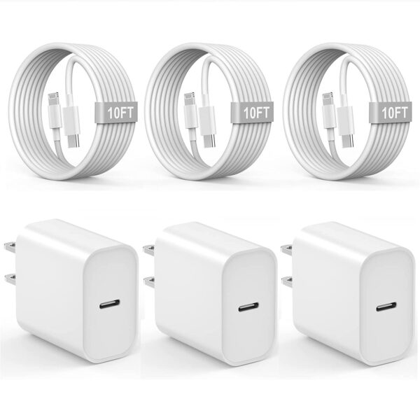 iPhone Charger 10 FT, 3 Pack [Apple MFi Certified] PD 20W USB C iPhone Charger Fast Charging Block with 10FT Long Type C to Lightning Cable Compatible for iPhone 14 13 12 11 Pro Max XS XR X 8 iPad