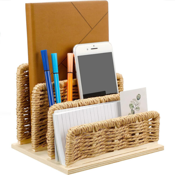 Woven Desk Mail Organizer Upright File Holders Vertical Mail Sorter Small Desk File Organizer Letter Paper Organizer Storage Office Desk Accessories Folder File Sorters for Desktop Home Office