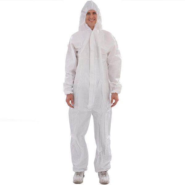 Raygard 30203 Microporous Disposable Coveralls Protective Breathable Hooded Suit with Elastic Cuffs, Ankles and Waist,Zip Front Opening, Serged Seams for Spray Paint Chemical Industrial(X-Large,White