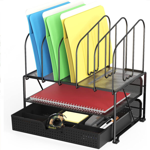DecoBros Mesh Desk Organizer with Double Tray, 5 Upright Sections and Sliding Drawer, Black