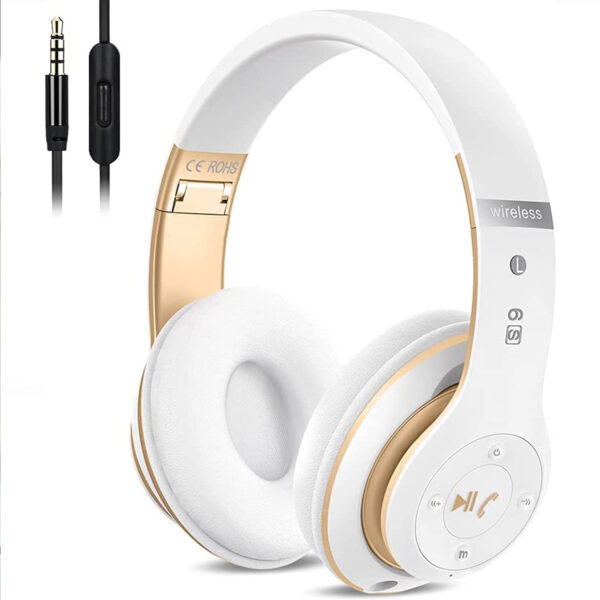 Prtukyt 6S Wireless Bluetooth Headphones Over Ear, Hi-Fi Stereo Foldable Wireless Stereo Headsets Earbuds with Built-in Mic, Volume Control, FM for Phone/PC (Black & Gold)
