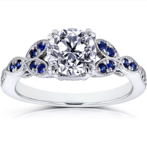 Kobelli Antique Style Round Diamond and Blue Sapphire Engagement Ring 1 1/5 CTW in 14k White Gold