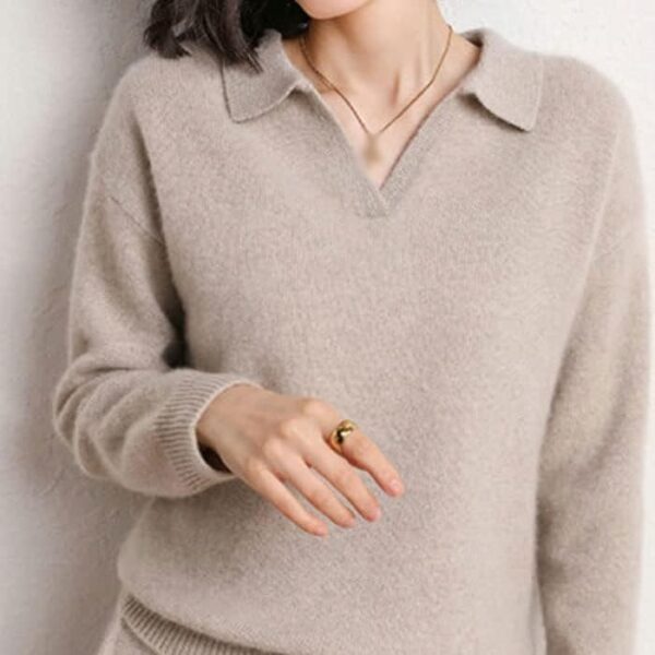 Walnut Cashmere Sweater Women Polo V Neck Set Knitting Loose Casual Wide Leg Pants Thickened Sweater Two-Piece Set (Color : D, Size : XL Code) - Image 3