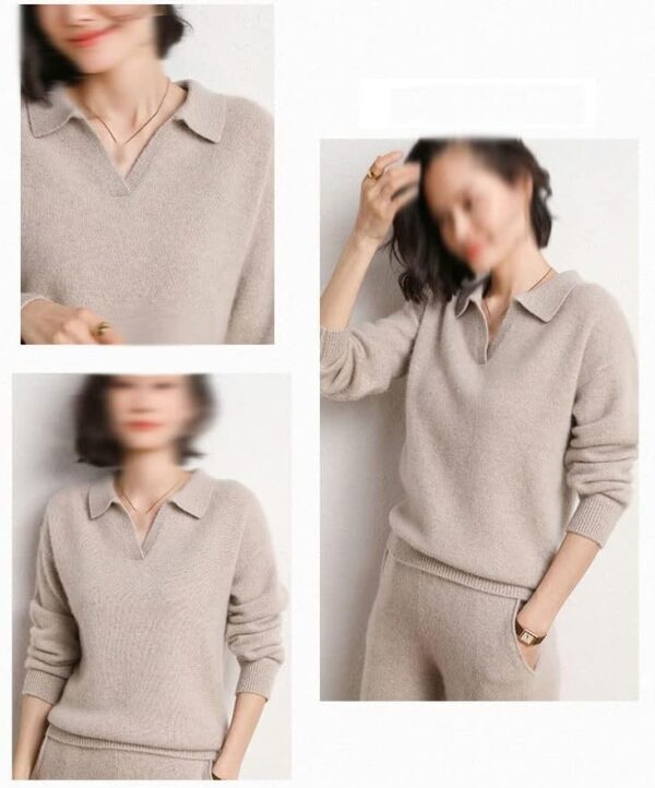 Walnut Cashmere Sweater Women Polo V Neck Set Knitting Loose Casual Wide Leg Pants Thickened Sweater Two-Piece Set (Color : D, Size : XL Code) - Image 4