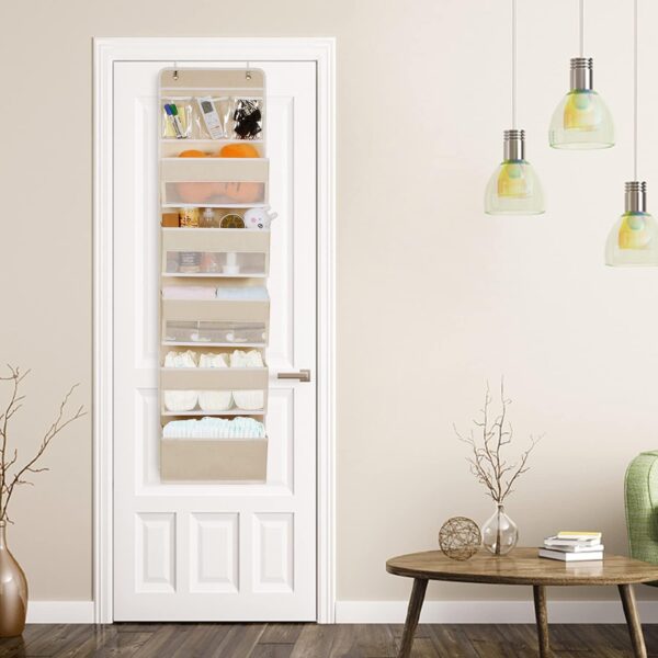 Univivi Door Hanging Organizer Nursery Closet Cabinet Baby Storage with 4 Large Pockets and 3 Small PVC Pockets for Cosmetics, Toys and Sundries Grey - Image 2