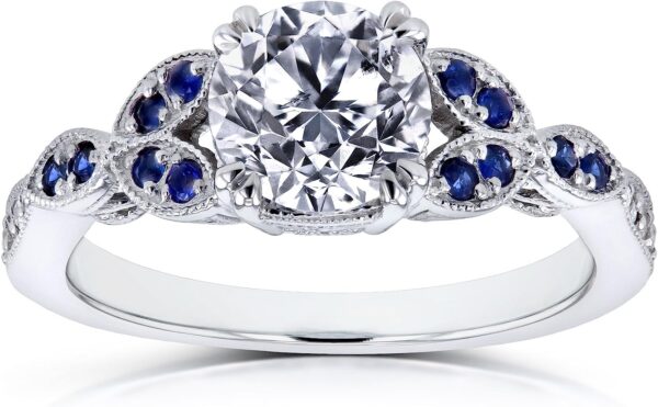 Kobelli Antique Style Round Diamond and Blue Sapphire Engagement Ring 1 1/5 CTW in 14k White Gold - Image 9