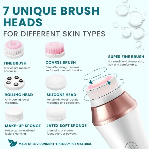 Rechargeable Waterproof Facial Cleansing Brush for Women with Oily, Dry, Mixed and Normal Skin | Exfoliating Spin Face Brush Cleanser Scrubber Cleaning Wash Scrub Exfoliator Cleanser with 7 Brushes - Image 6