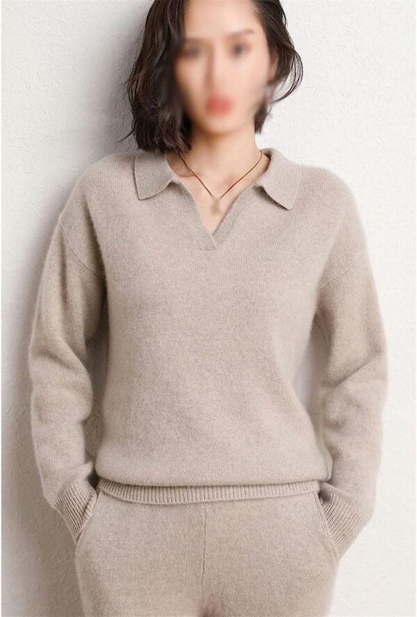Walnut Cashmere Sweater Women Polo V Neck Set Knitting Loose Casual Wide Leg Pants Thickened Sweater Two-Piece Set (Color : D, Size : XL Code) - Image 7