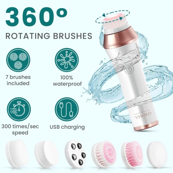 Rechargeable Waterproof Facial Cleansing Brush for Women with Oily, Dry, Mixed and Normal Skin | Exfoliating Spin Face Brush Cleanser Scrubber Cleaning Wash Scrub Exfoliator Cleanser with 7 Brushes - Image 7