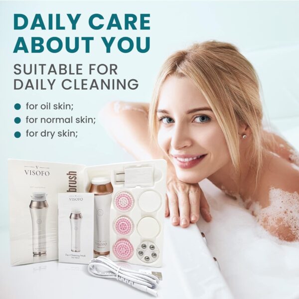 Rechargeable Waterproof Facial Cleansing Brush for Women with Oily, Dry, Mixed and Normal Skin | Exfoliating Spin Face Brush Cleanser Scrubber Cleaning Wash Scrub Exfoliator Cleanser with 7 Brushes - Image 2