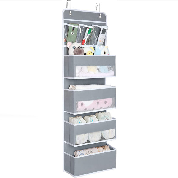 Univivi Door Hanging Organizer Nursery Closet Cabinet Baby Storage with 4 Large Pockets and 3 Small PVC Pockets for Cosmetics, Toys and Sundries Grey